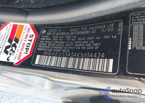 2004 BMW 330I из США, поврежденный, VIN WBAEV53434KM34424